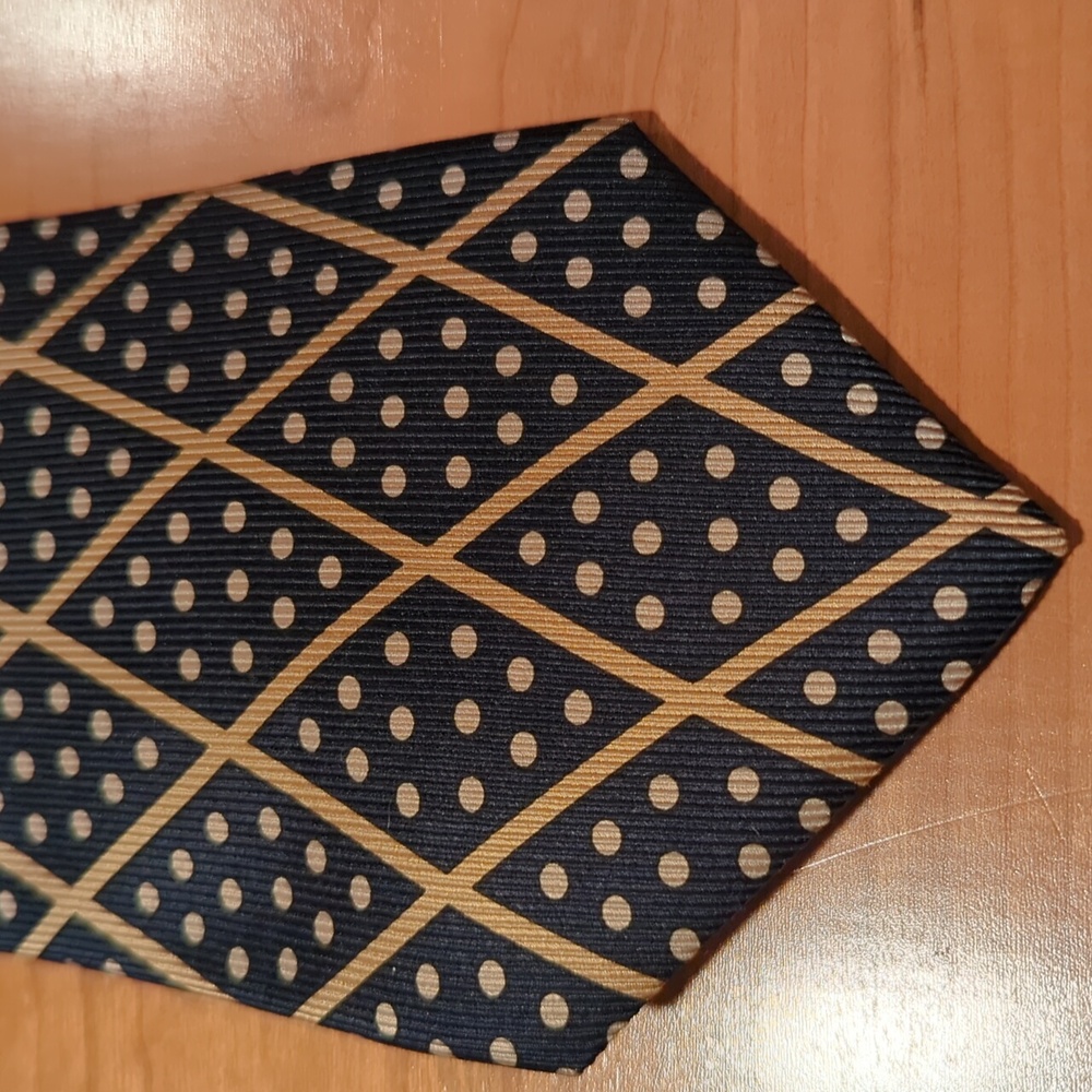 Unique gold and blue vintage Barney's New York polka dot and diamond pattern tie